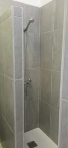 La salle de bains est pourvue d'une douche avec une porte en verre. dans l'établissement Sol Paz y Mar, à Poris de Abona