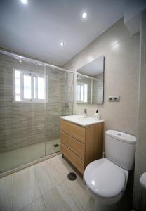 Un baño con inodoro, lavabo y ducha. en Benalmadena Alay Pool & Beach, en Benalmádena