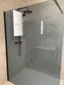 a glass shower with a lamp and a mirror at Villa chic 3 chambres ,2 SDB in Châtellerault