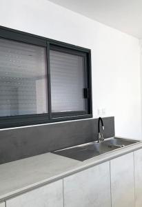 a kitchen with a sink and two windows at Villa chic 3 chambres ,2 SDB in Châtellerault