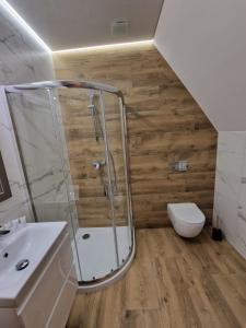 bagno con doccia e servizi igienici. di Ośrodek Promenada- Puchatek a Jastrzębia Góra