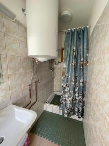 baño con lavabo y cortina de ducha en Nomád jurta Zalakaros mellett en Zalamerenye