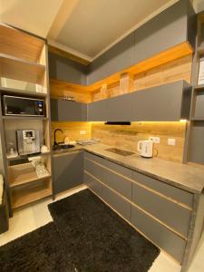 a kitchen with gray cabinets and a black rug at Ultracentral Lux Apartment in Chişinău