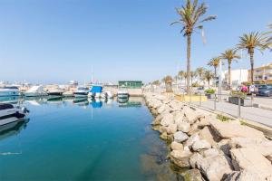 a river with boats in a harbor with palm trees at A&N Seaport 1B in Caleta De Velez
