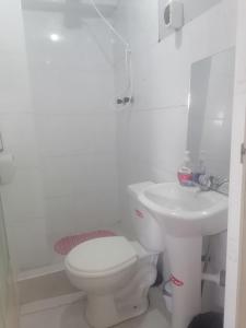 een witte badkamer met een toilet en een wastafel bij Apartamento sombras del titicaca in Puno