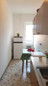 eine Küche mit einem weißen Kühlschrank und einem Fenster in der Unterkunft Casa Liver Pieve in Tremosine sul Garda