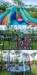 een collage van drie foto's van een jongen die op een glijbaan speelt bij ไวน์แคมป์ WineCamp โดมติดลำธาร in Ban Cha-om