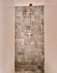 a shower in a bathroom with a tiled wall at Perle de Corail, appartement à 2 minutes à pied de la plage, 1 à 4 personnes, Saint Leu in Saint-Leu