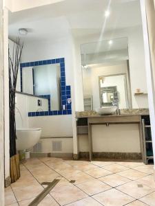 ヌフムーティエ・アン・ブリにあるLa Cour Des Jardinsのバスルーム(洗面台、鏡2つ付)