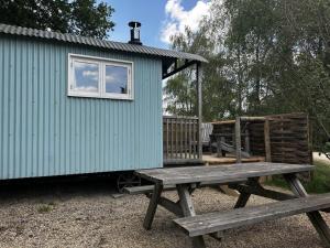 a picnic table in front of a tiny house at Sumners Ponds Fishery & Campsite in Horsham