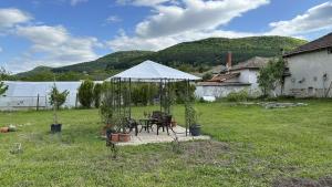 a gazebo with a table and chairs in a yard at Guest rooms KRASI in Strazha