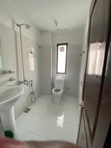 La salle de bains blanche est pourvue de toilettes et d'un lavabo. dans l'établissement Alpha Hotel & Restaurant, à Skardu