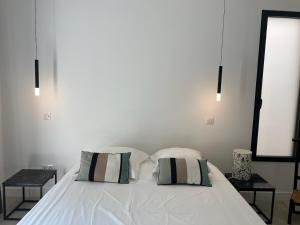 um quarto com uma cama branca e 2 almofadas em CHAMBRE COSY em Santa-Lucia-di-Moriani