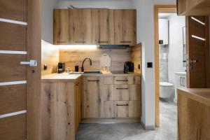 eine Küche mit Holzschränken und einem Waschbecken in der Unterkunft Apartament Centrum A in Kudowa-Zdrój