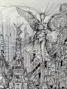 un dessin d'un ange dans une ville dans l'établissement Le Five Tellier - Forest, à Reims