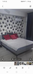 Un dormitorio con una cama con almohadas rojas. en Studio 1 camera, en Bucarest