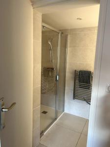 y baño con ducha y puerta de cristal. en Logement avec piscine privée chauffée, en Biarritz