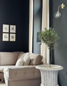 un salon avec un canapé et une table avec une plante dans l'établissement Maison Comtale, à Rochefort