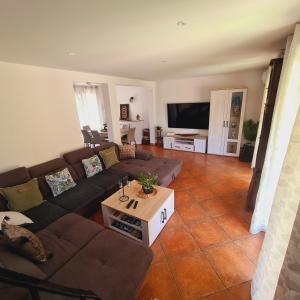 a living room with a couch and a table at Villa standing 10 personnes piscine/ pinède in Canet-en-Roussillon