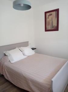Un dormitorio con una cama blanca con una foto en la pared en LA MAISON DE PAPOU La Vigne A NANS LES PINS 83860, en Nans-les-Pins
