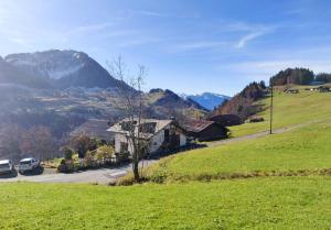 a house on a hill with mountains in the background at Les Hirondelles, cosy apartment with a magnificent view on the mountains in La Forclaz