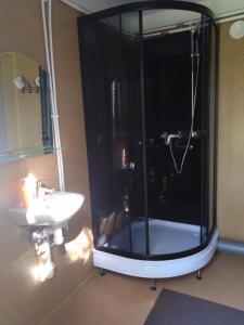 a bathroom with a glass shower and a sink at Домик на Чудском озере in Katase