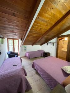 維科德加爾加諾的住宿－Rifugio Sfilzi - Foresta Umbra，一间卧室设有两张床和木制天花板