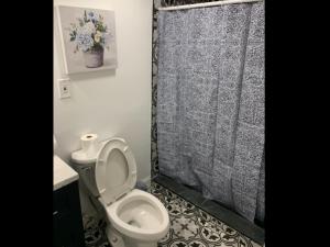 y baño con aseo y cortina de ducha. en Beautiful bedroom next JHU, en Baltimore