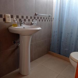 a bathroom with a sink and a shower at Maria Hospedaje Diario in Colonia del Sacramento