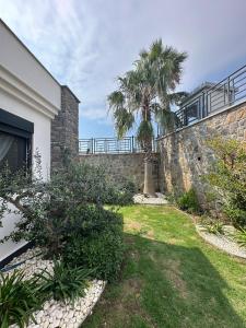 a garden with a palm tree next to a building at Villa Falcon with Swimming Pool and great views in Bodrum City