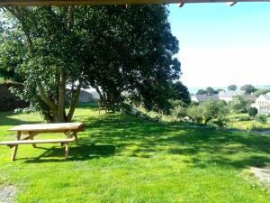 eine Parkbank im Gras unter einem Baum in der Unterkunft gîte les jardins d'esteban in Tourville-sur-Sienne