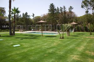 a yard with a swimming pool with trees and umbrellas at Alojamiento rural FINCA AZUCENA SUITE only adults in Conil de la Frontera