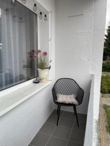 a chair sitting on a window sill with a plant at Apartament Centrum II in Lidzbark Warmiński