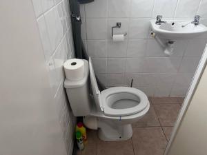 a bathroom with a toilet and a sink at Chalet 71 in Leysdown-on-Sea