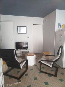 ein Wohnzimmer mit 2 Stühlen und einem TV in der Unterkunft Le petit paradis iodé in Gujan-Mestras