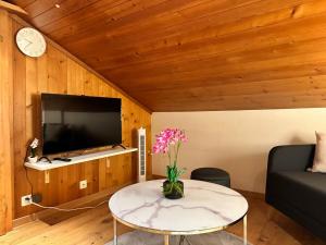 a living room with a table and a tv at Alpina Appartment 2 in Kandersteg