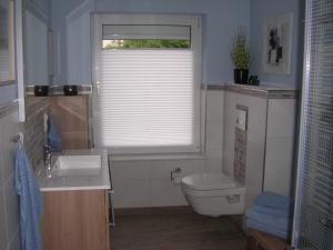 ein Bad mit einem WC, einem Waschbecken und einem Fenster in der Unterkunft Ferienhaus im Gurkengässchen in Lübbenau