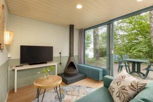 a living room with a tv and a fireplace at Center Parcs Huttenheugte Drenthe-Overijssel in Dalen