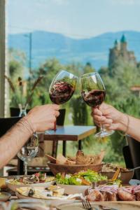 Due persone che tengono bicchieri di vino a tavola con cibo di In Gremi Hotel a Gremi