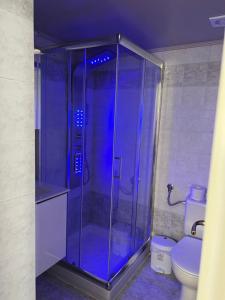a bathroom with a glass shower with a toilet at Anoixi Apartments in Korissia