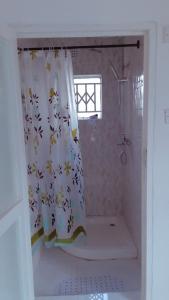 y baño con ducha y cortina de ducha. en KMK APARTMENTS, en Kitwe