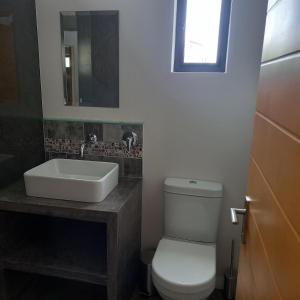 a bathroom with a white toilet and a sink at Let the good times roll-with inverter and wifi in Cape St Francis