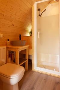 a bathroom with a toilet and a sink at Kampinastaete, hippe cottages midden in natuurgebied de Kampina Oisterwijk in Oisterwijk