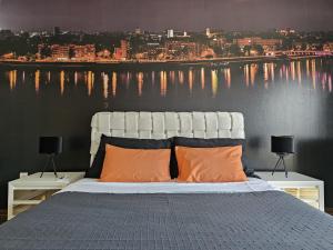 een slaapkamer met een bed en uitzicht op de stad bij Bright Side Apartment in Novi Sad