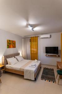 a bedroom with a bed and a flat screen tv at Lion's Cave suite No 1. in Kalamata