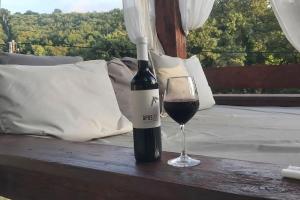 a bottle of wine and a glass on a table at Villa Hedonic in Ulcinj