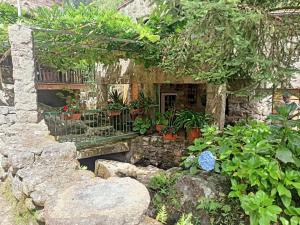 uma casa de pedra com plantas no quintal em Molino cascada de caldas de reyes em Caldas de Reis