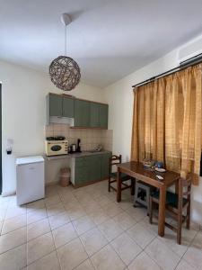 Anoixi Apartments في Korissia: مطبخ مع دواليب خضراء وطاولة خشبية