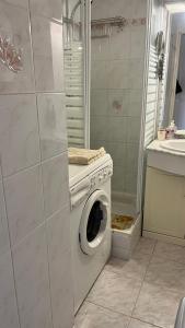 y baño con lavadora y lavamanos. en Appartement 6 couchages La Londe-les-Maures 8, en La Londe-les-Maures