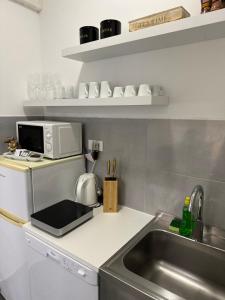 a kitchen with a sink and a microwave at Ellamar City Center Apartment in Makarska